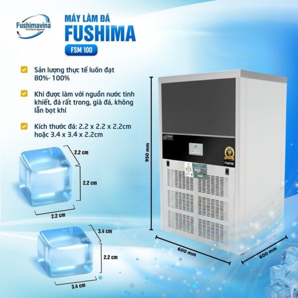 Máy làm đá viên 100kg Fushimavina inox 304 cho quán cà phê