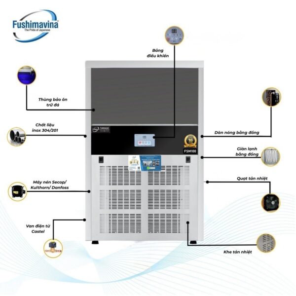 Máy làm đá viên 100kg Fushimavina inox 304 cho quán cà phê
