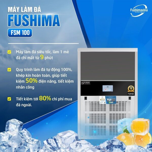 Máy làm đá viên 100kg Fushimavina inox 304 cho quán cà phê