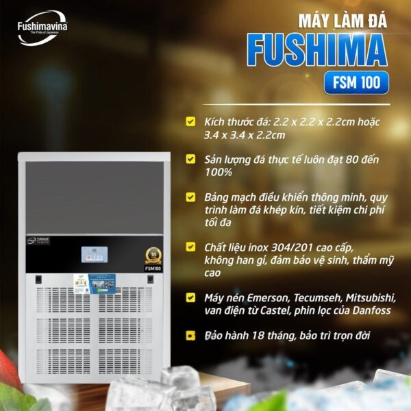 Máy làm đá viên 100kg Fushimavina inox 304 cho quán cà phê