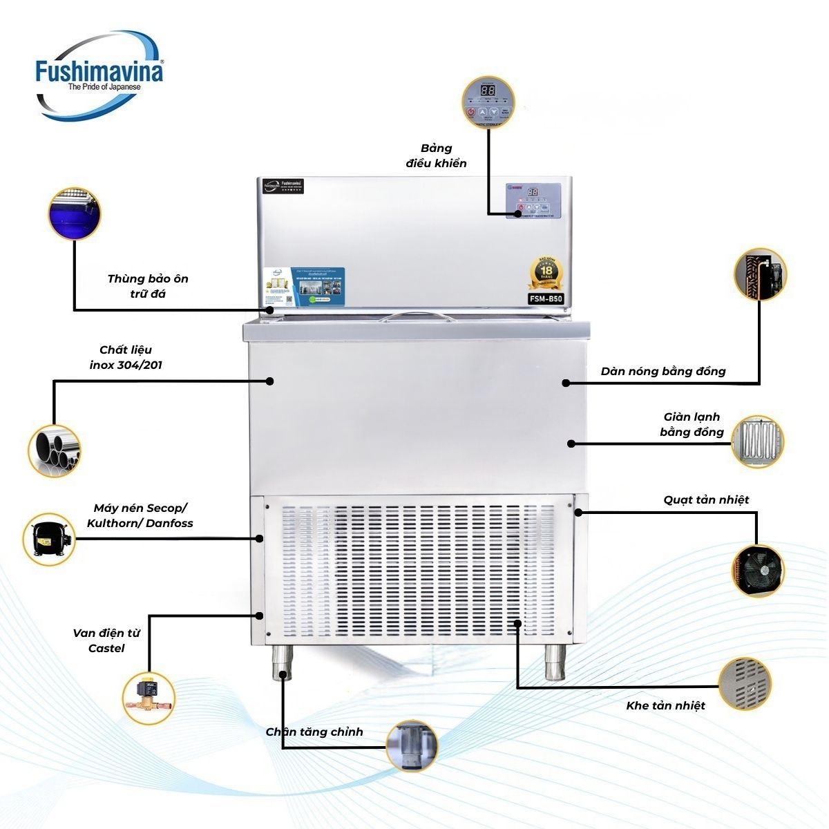 Máy làm đá viên 150kg Fushimavina Đá Cà Phê Dạng bàn Máy làm đá bàn 150kg Fushimavina inox 304 cho quán cà phê quán bia và F&B