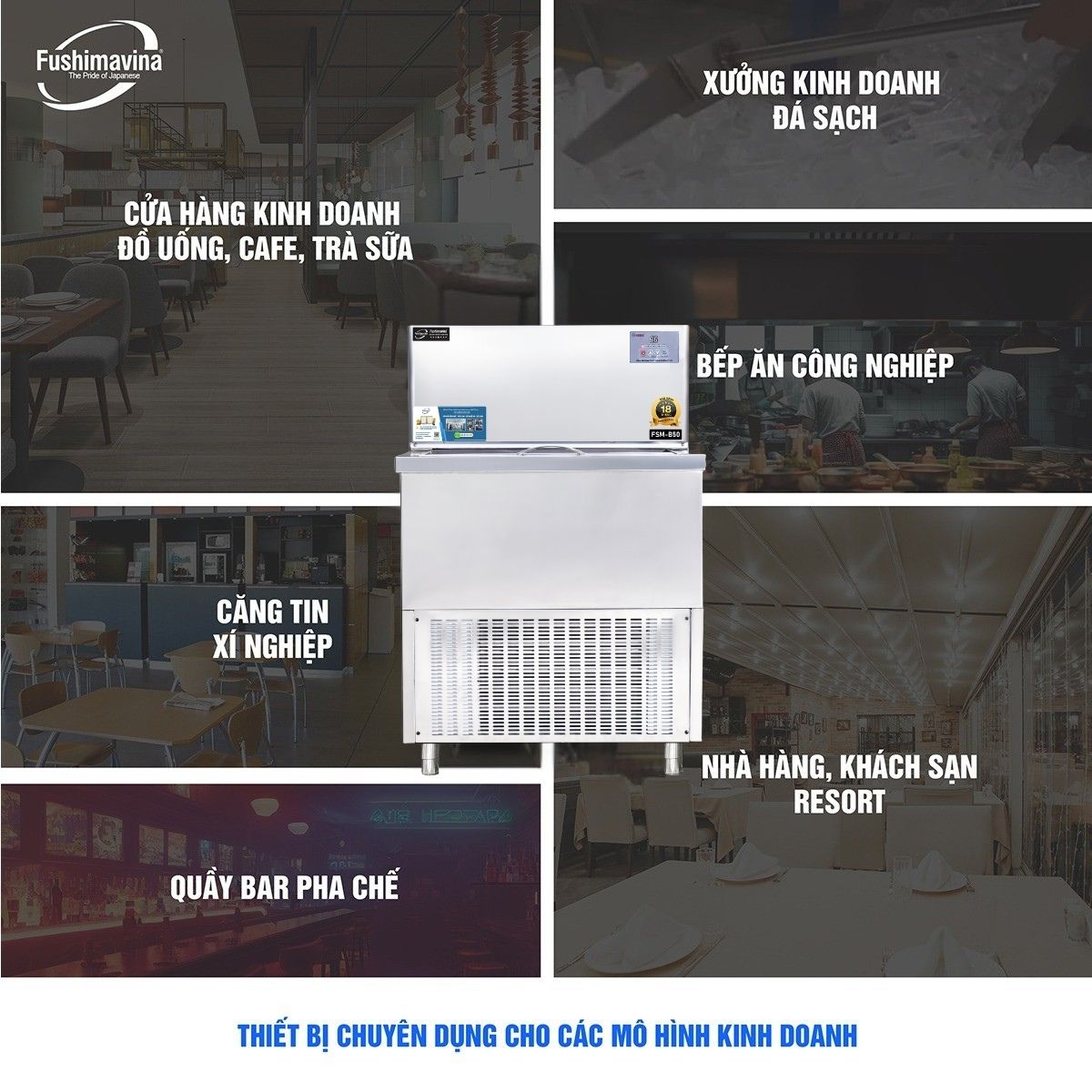 Máy làm đá viên 150kg Fushimavina Đá Cà Phê Dạng bàn Máy làm đá bàn 150kg Fushimavina inox 304 cho quán cà phê quán bia và F&B