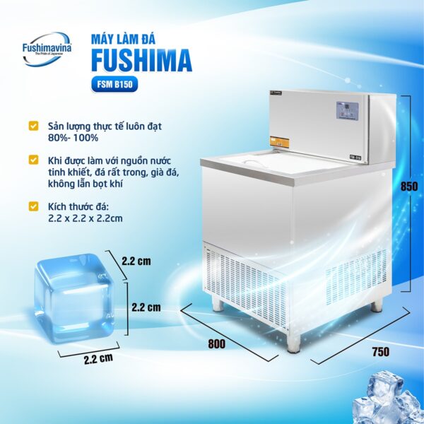 Model Máy Sản Xuất Đá Sạch 150Kg Fushima Là Thiết Bị Làm Đá Công Nghệ Cao Nhưng Dễ Dàng Và Thân Thiện Trong Quá Trình Sử Dụng. Với Thiết Kế Thông Minh Cùng Nhiều Ưu Điểm Vượt Trội, Máy Làm Đá Viên 150Kg Vận Hành Trơn Tru Và Cho Thành Phẩm Là Những Viên Đá Tinh Khiết, Cung Cấp Tới 140Kg Đá Mỗi Ngày