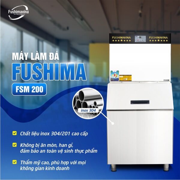 Máy Làm Đá Viên Fushima 200Kg Cho Sản Lượng Lến Đến 200Kg Đá 1 Ngày, Có Kích Thước Như Một Chiếc Tủ Lạnh, Dễ Dàng Lắp Đặt Ở Bất Kỳ Đâu. Bên Cạnh Thiết Kế Sang Trọng, Sắc Nét Trong Từng Chi Tiết Thì Máy Làm Nước Đá 200Kg Đem Đến Rất Nhiều Công Dụng Hữu Ích Cho Người Dùng